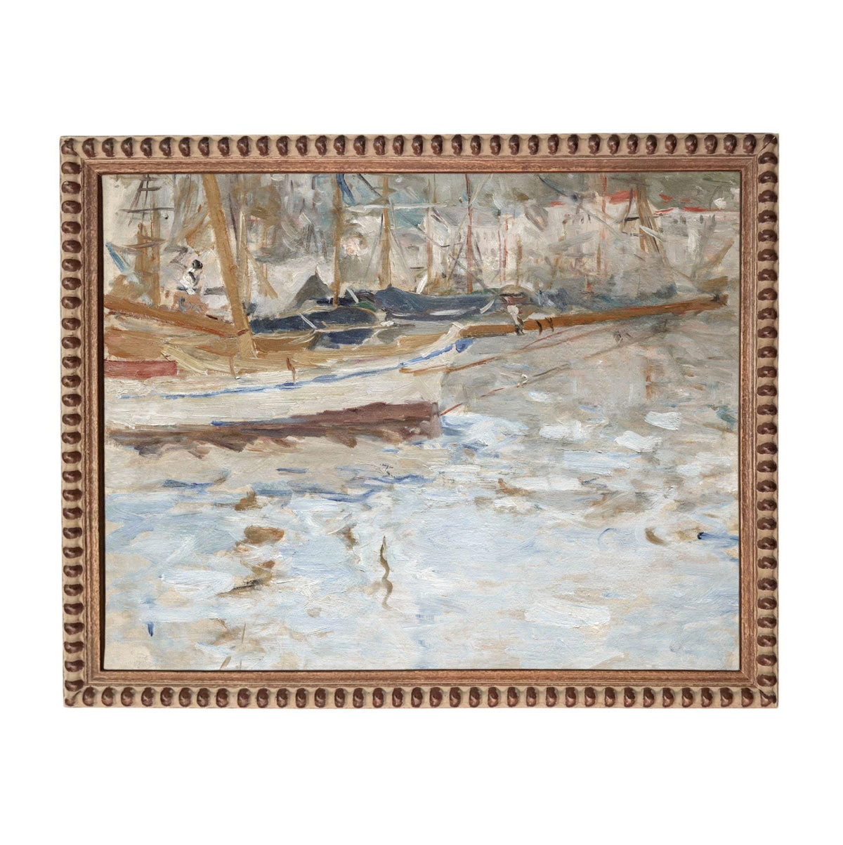 The image is an oil painting depicting a serene harbor scene with boats and buildings in the background.