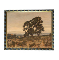 The image is a painting of a large tree in a field, with a cloudy sky in the background.