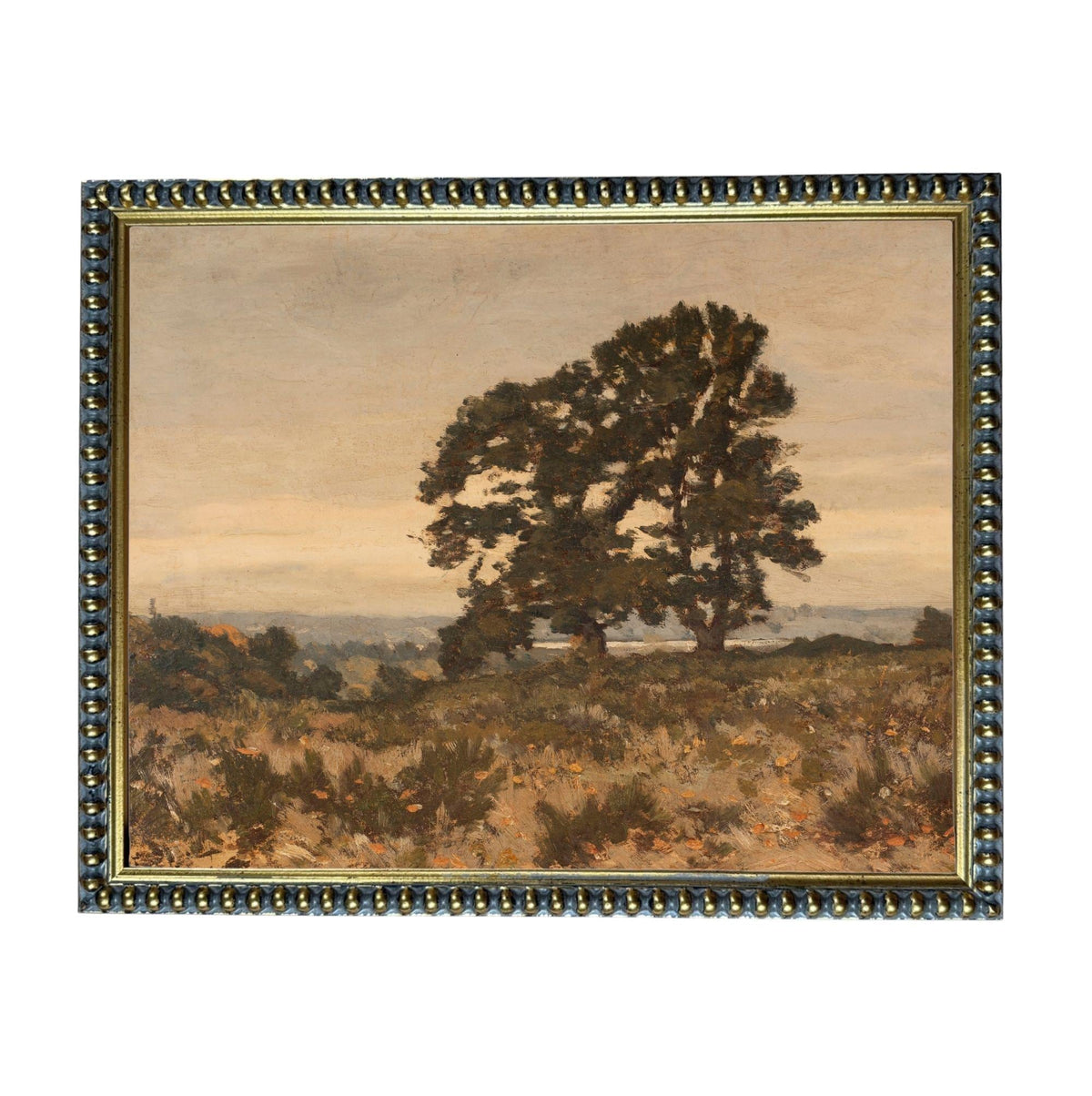 The image is a painting of a large tree in a field, with a cloudy sky in the background.