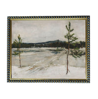 The image is a painting depicting a snowy landscape with two trees in the foreground.