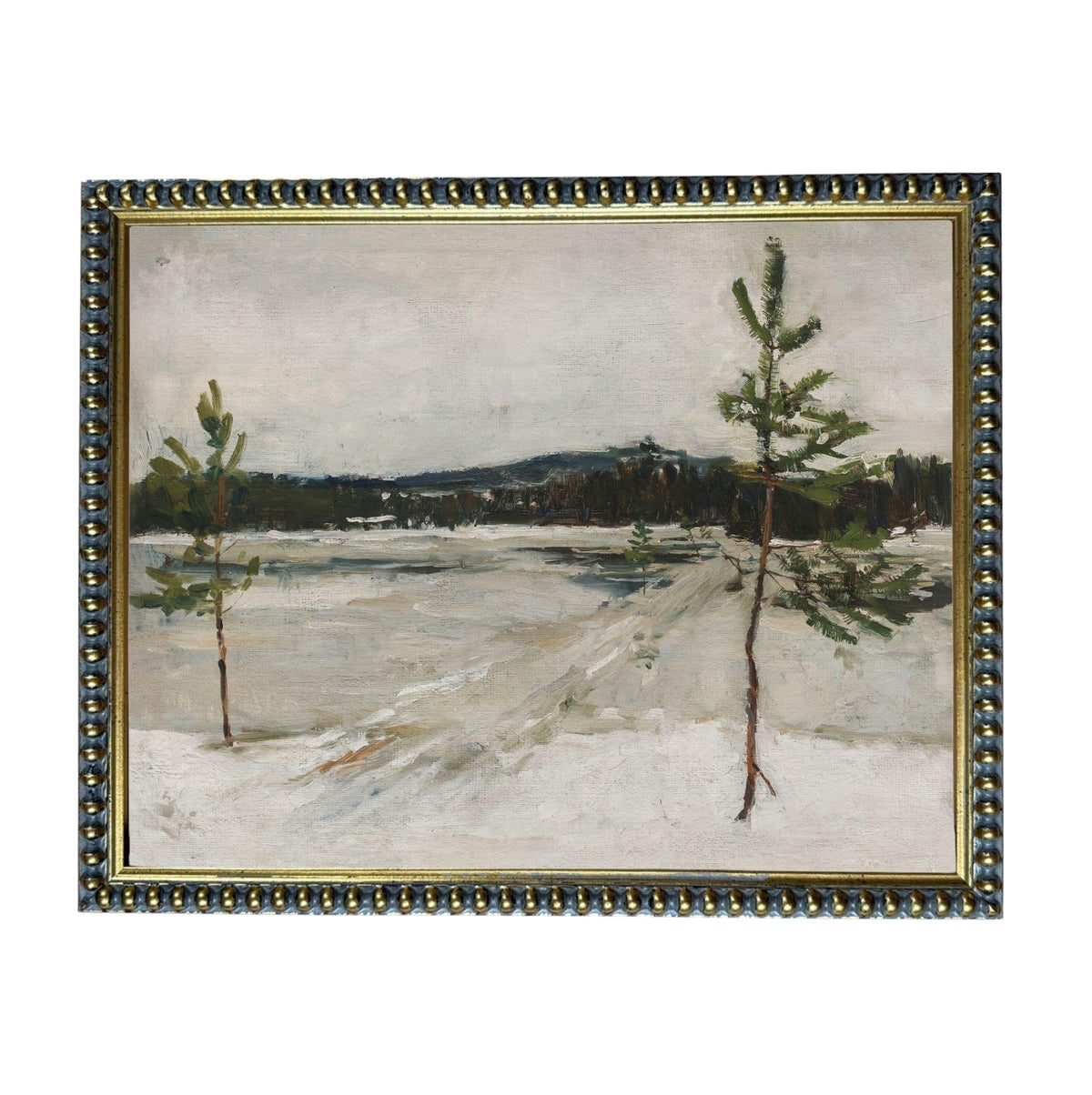 The image is a painting depicting a snowy landscape with two trees in the foreground.