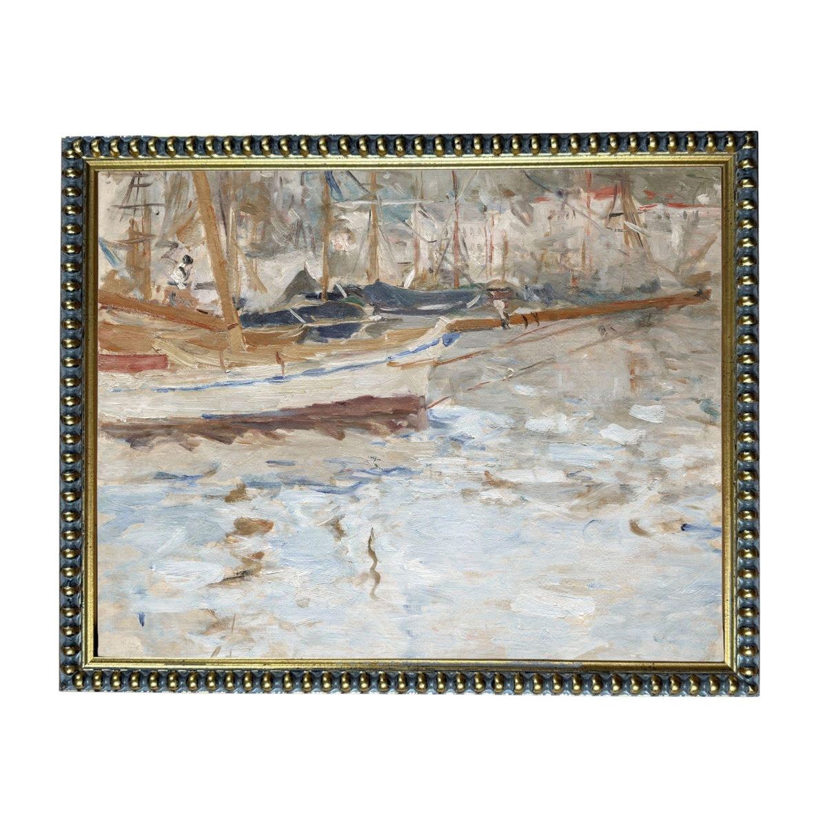 The image is an oil painting depicting a harbor scene with boats and buildings in the background.