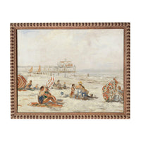 The image is an oil painting depicting a lively beach scene with people relaxing and enjoying the sun.