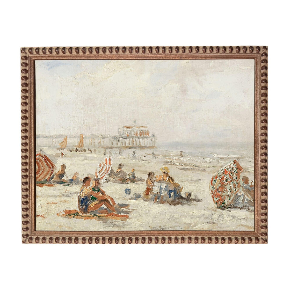 The image is an oil painting depicting a lively beach scene with people relaxing and enjoying the sun.