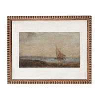 The image is a painting of a sailboat on the water, with a coastal landscape in the background.