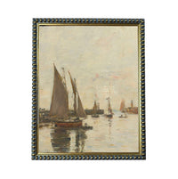 a serene scene of sailboats on the water, with their sails billowing in the wind and the calm water reflecting the peaceful atmosphere.