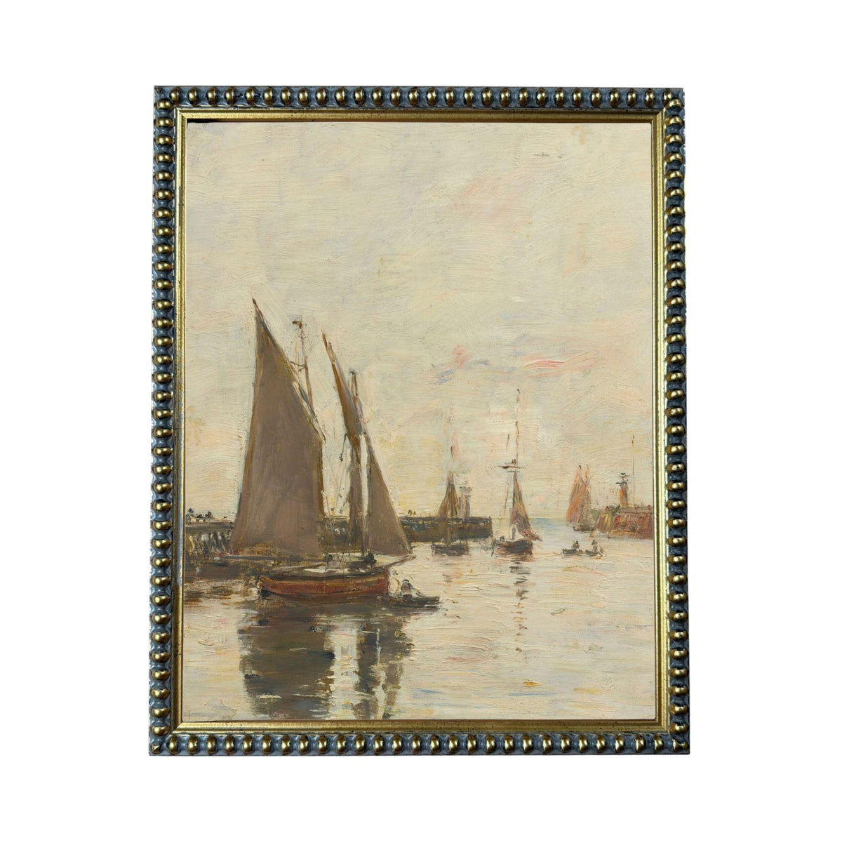 a serene scene of sailboats on the water, with their sails billowing in the wind and the calm water reflecting the peaceful atmosphere.