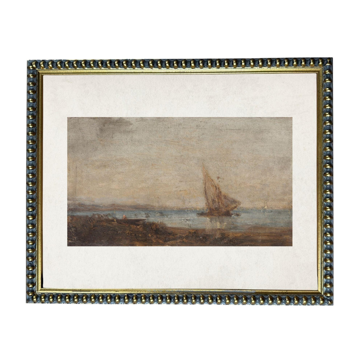 The image is a painting of a sailboat on the water, with a coastal landscape in the background.