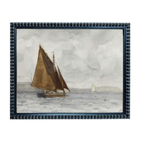 A framed watercolor painting depicting a sailboat on the water with a cloudy sky in the background.