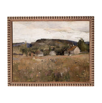 The image is a painting depicting a rural landscape with a field, buildings, and trees in the background.