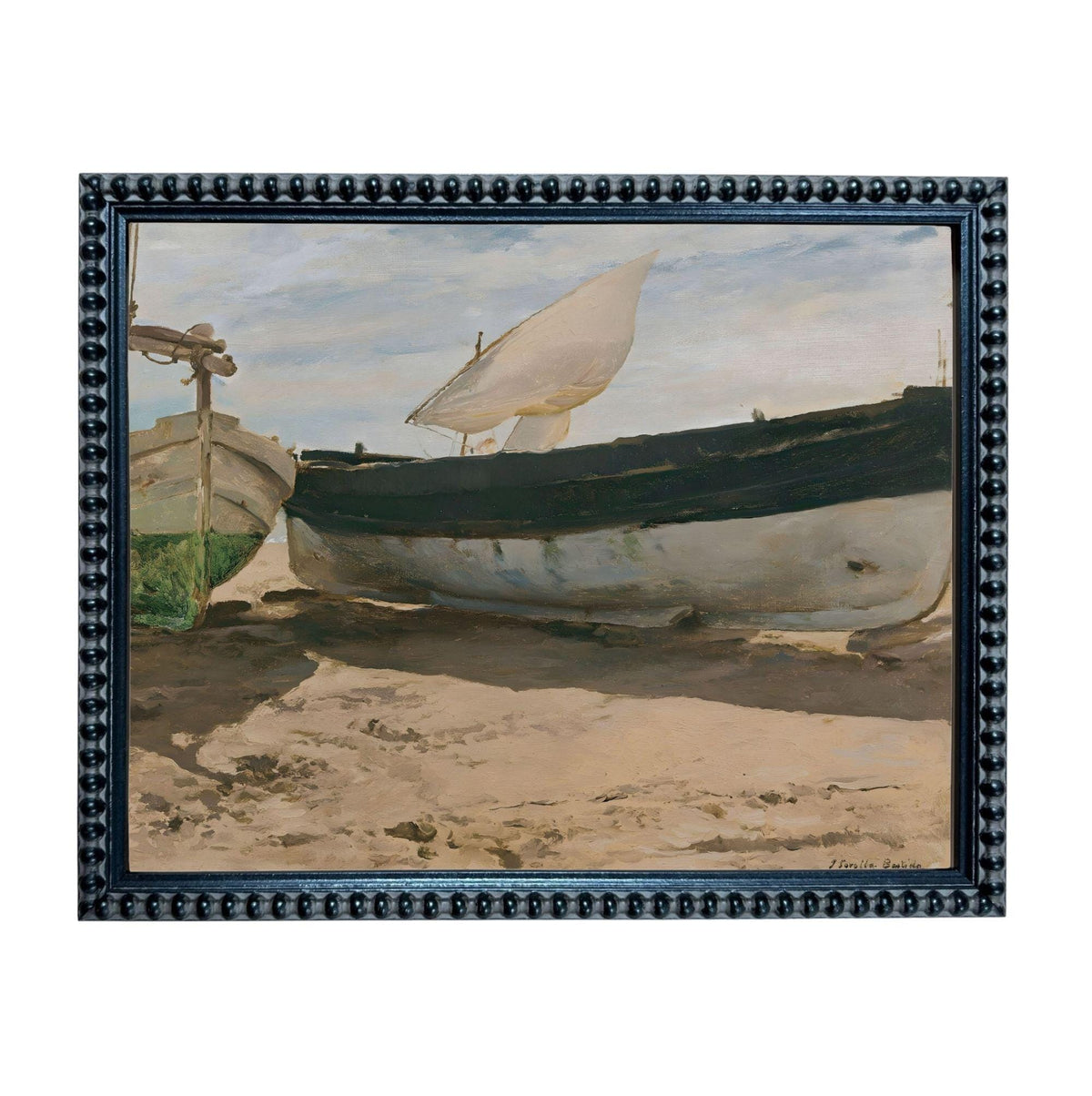 The image is a painting of two boats on a beach, with one boat having a sail and the other boat appearing to be empty.