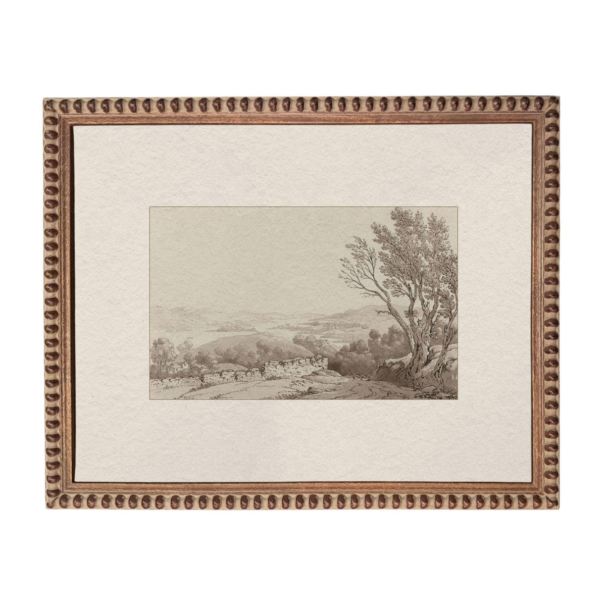 The image is a framed artwork depicting a rural landscape with a tree and a road in the distance.