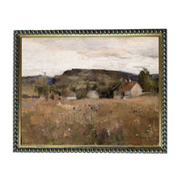 The image is a painting depicting a rural landscape with a field, buildings, and trees in the background.