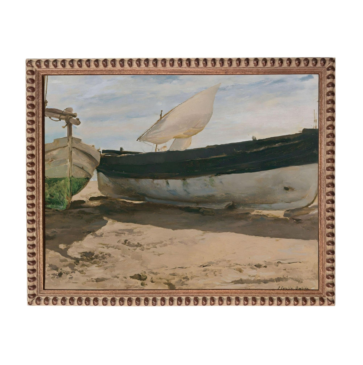 The image is a painting of two boats on a beach, with one boat having a sail and the other boat appearing to be empty.