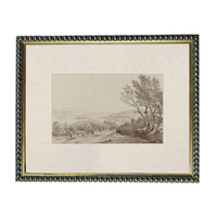 The image is a framed artwork depicting a rural landscape with a tree and a field.