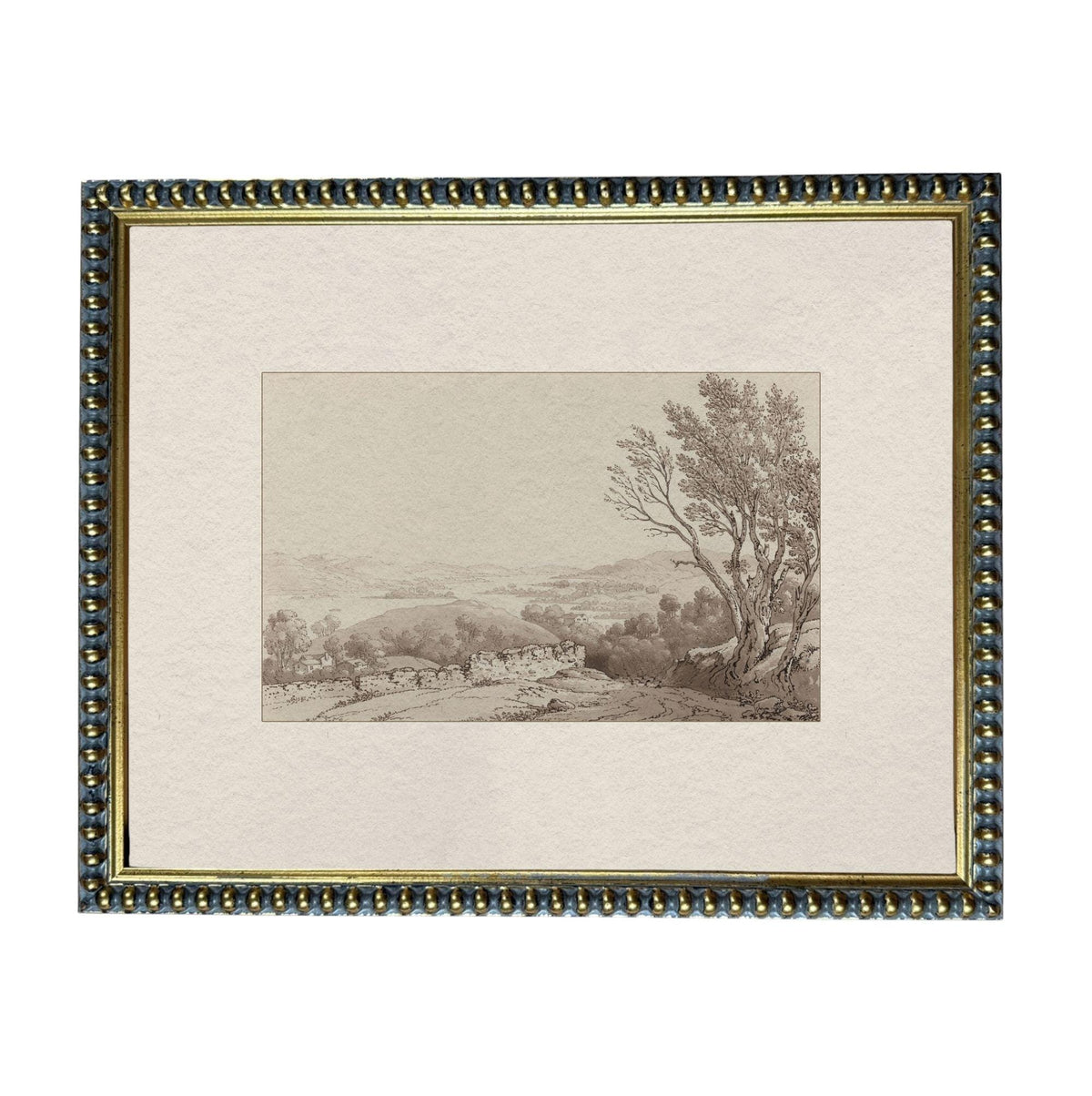 The image is a framed artwork depicting a rural landscape with a tree and a field.