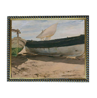 The image is a painting of two boats on a beach, with one boat having a sail and the other boat appearing to be empty.