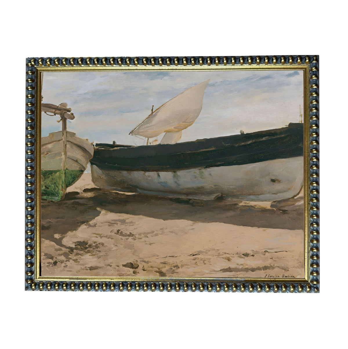 The image is a painting of two boats on a beach, with one boat having a sail and the other boat appearing to be empty.