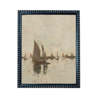 a serene scene of sailboats on the water, with their sails billowing in the wind and their hulls gently bobbing on the surface.