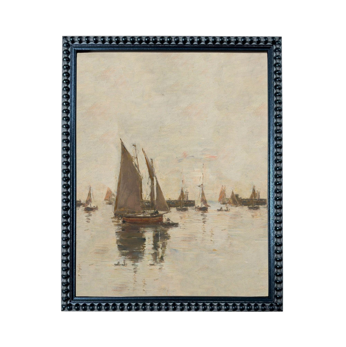 a serene scene of sailboats on the water, with their sails billowing in the wind and their hulls gently bobbing on the surface.