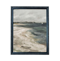 The image is a framed painting depicting a serene beach scene with a sailboat in the distance.