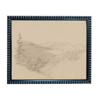 A framed landscape drawing depicting a mountainous, forested area.