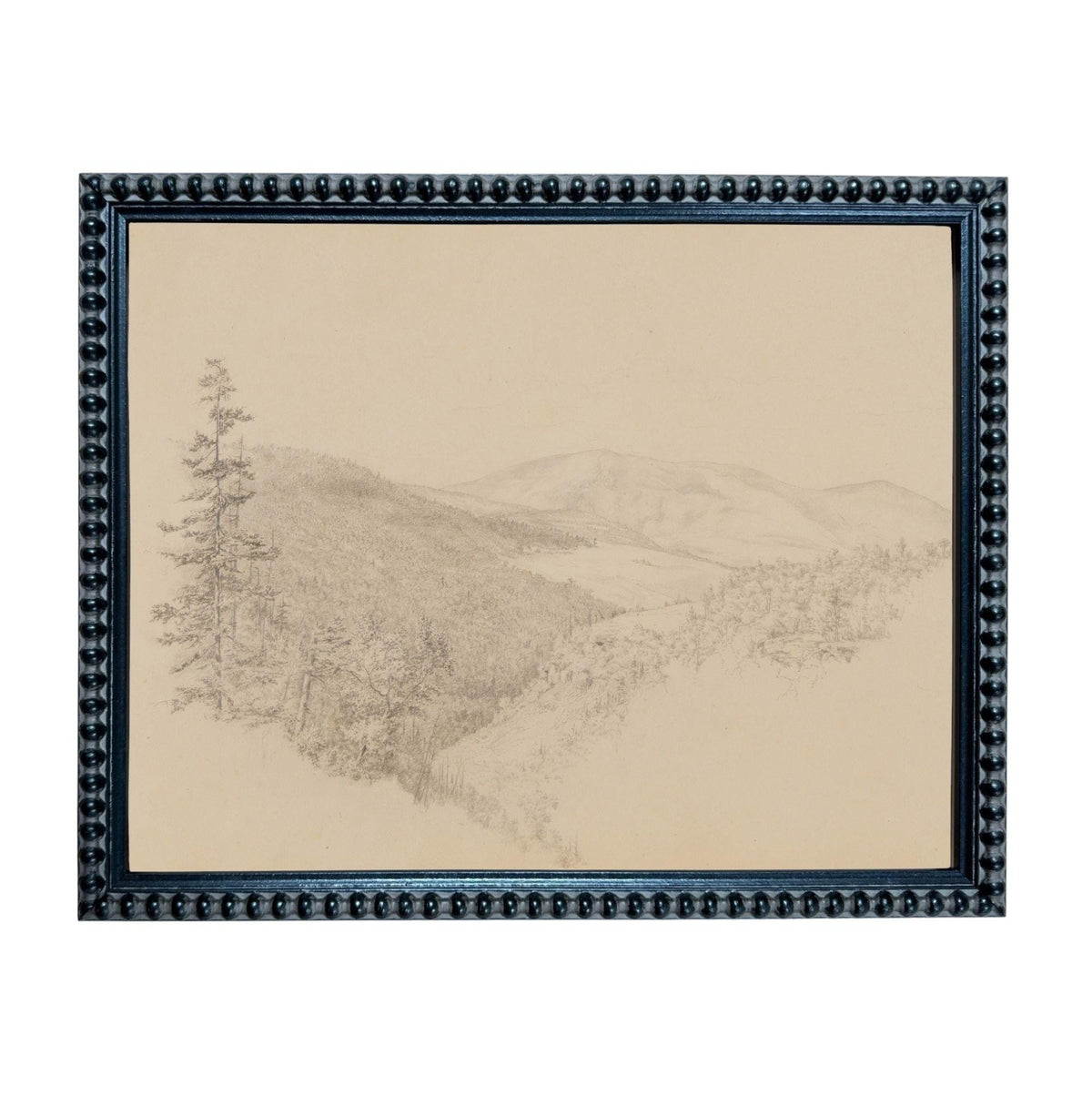 A framed landscape drawing depicting a mountainous, forested area.