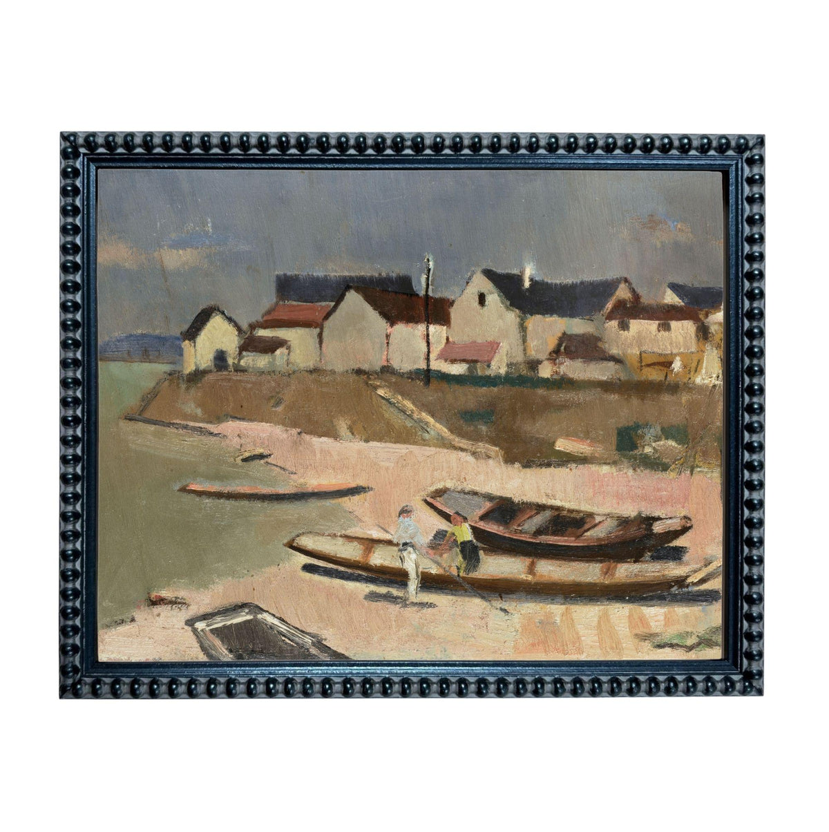 The image is an oil painting depicting a coastal village with boats on the shore.