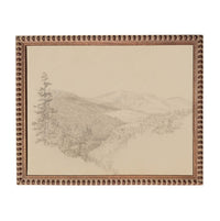 A framed landscape drawing depicting a mountainous, forested area.