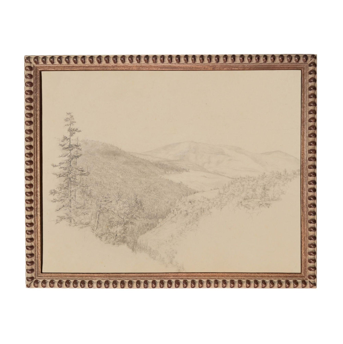 A framed landscape drawing depicting a mountainous, forested area.