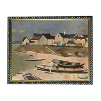 The image is an oil painting depicting a coastal town with boats on the shore.