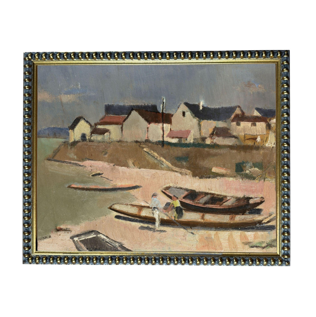 The image is an oil painting depicting a coastal town with boats on the shore.