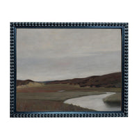 The image is a framed painting depicting a serene landscape with a winding river, rolling hills, and a cloudy sky.