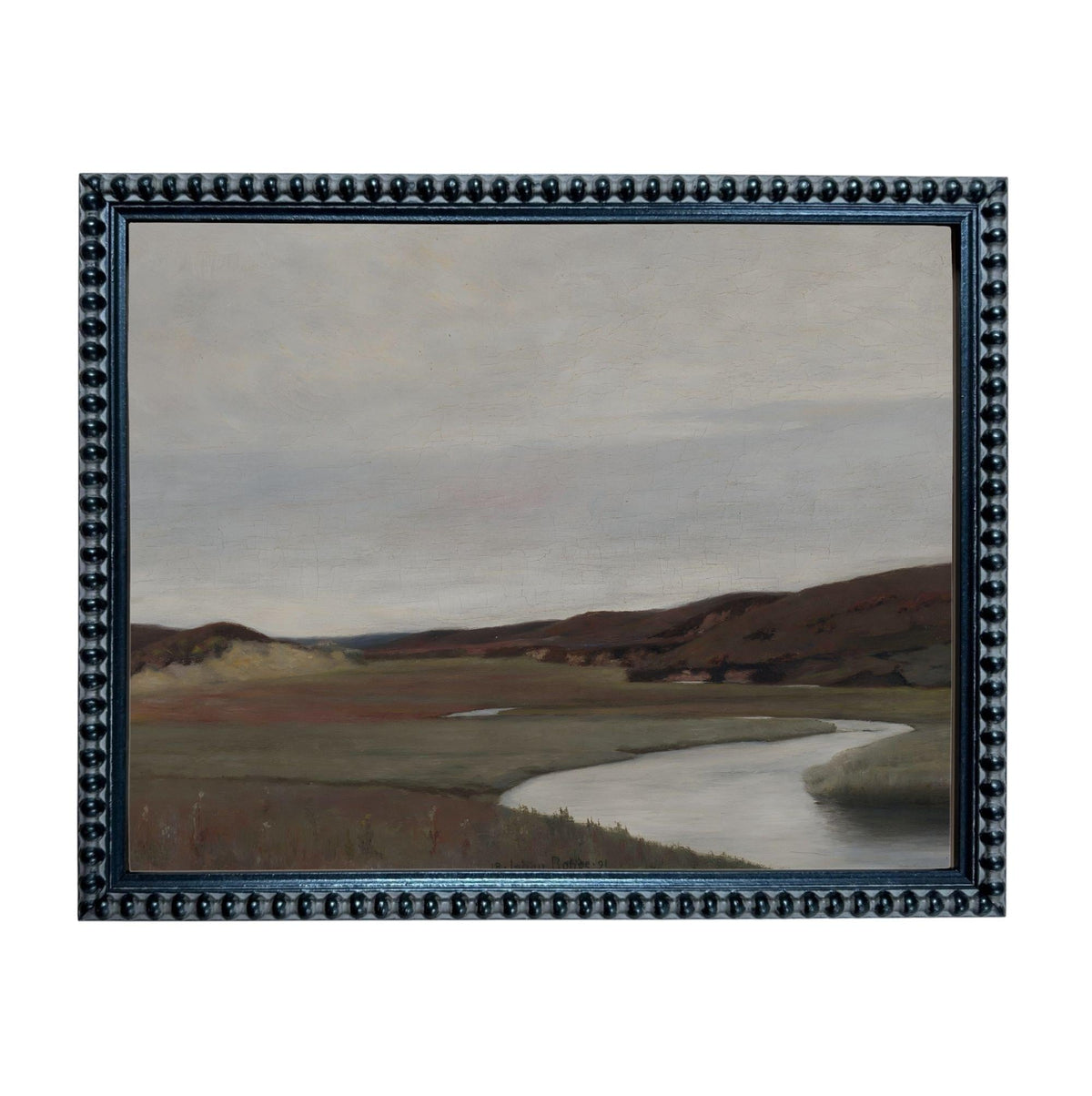 The image is a framed painting depicting a serene landscape with a winding river, rolling hills, and a cloudy sky.