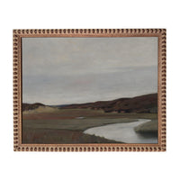The image is a painting of a landscape with a river, mountains, and a cloudy sky.