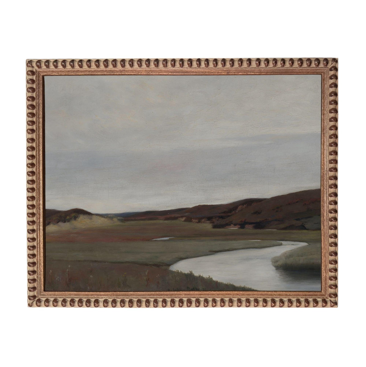 The image is a painting of a landscape with a river, mountains, and a cloudy sky.