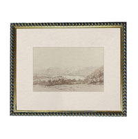 The image is a framed landscape painting depicting a serene countryside scene with mountains, trees, and a body of water.