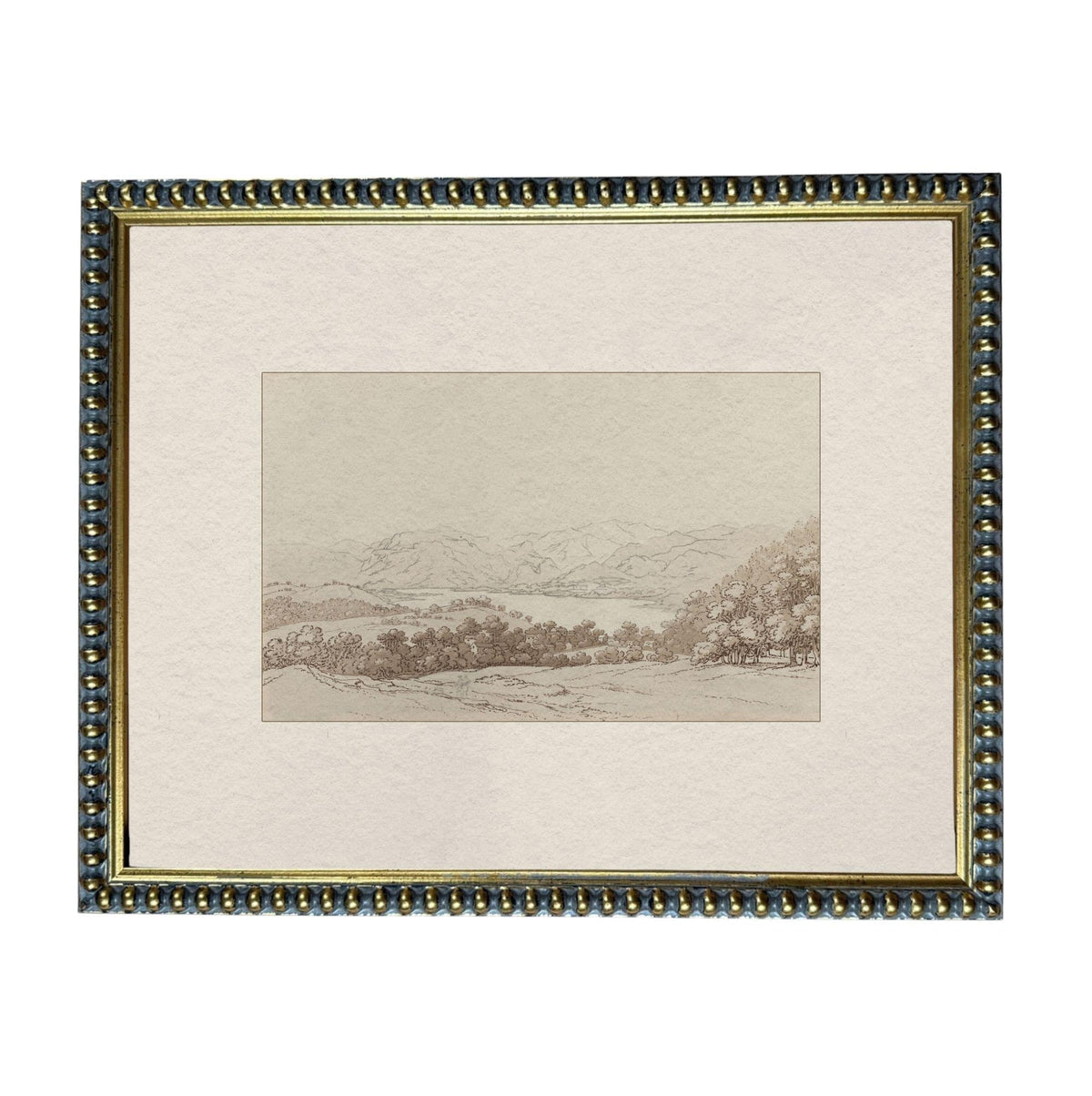 The image is a framed landscape painting depicting a serene countryside scene with mountains, trees, and a body of water.