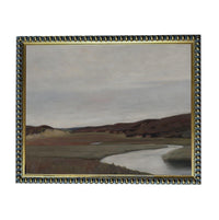 The image is a painting of a landscape with a river, mountains, and a cloudy sky.