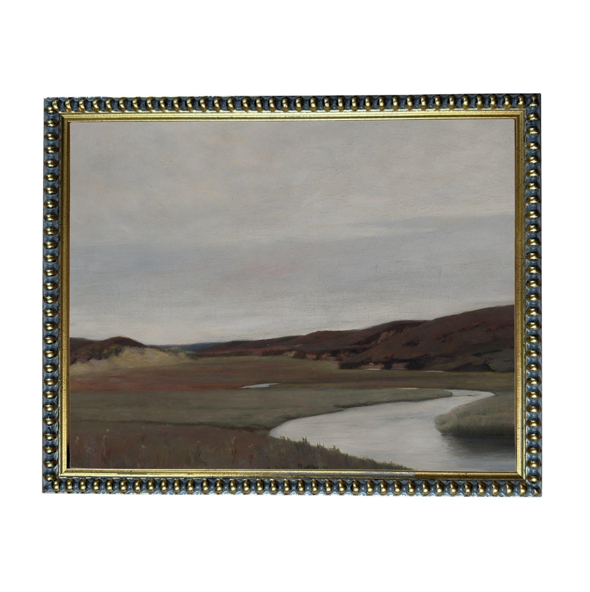 The image is a painting of a landscape with a river, mountains, and a cloudy sky.