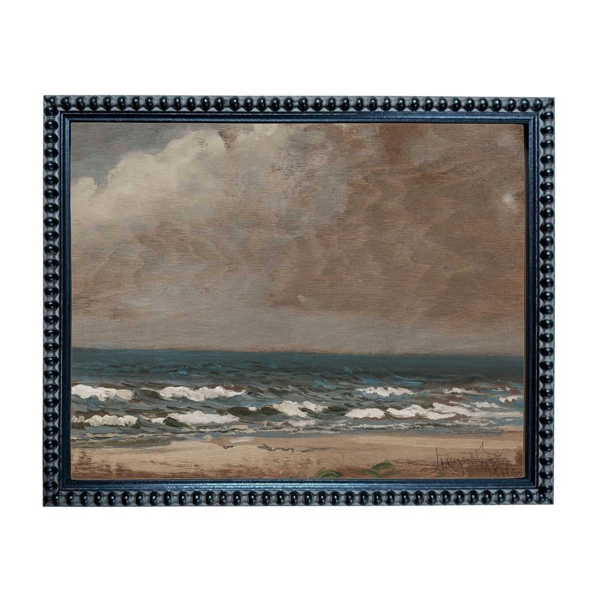 The image is a framed painting depicting a serene ocean scene with waves crashing against the shore.