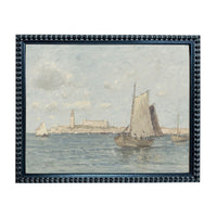 The image is a painting depicting a serene scene of sailboats on the water, with a coastal city visible in the background.