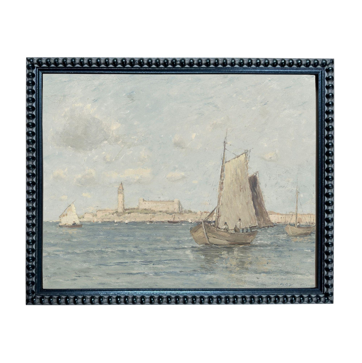 The image is a painting depicting a serene scene of sailboats on the water, with a coastal city visible in the background.