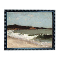The image is a framed painting depicting a serene beach scene with waves crashing onto the shore.