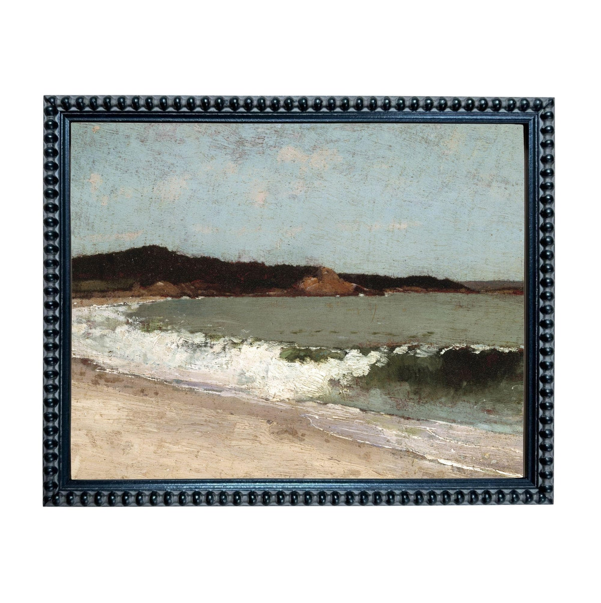 The image is a framed painting depicting a serene beach scene with waves crashing onto the shore.
