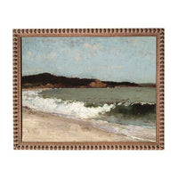The image is a painting of a beach scene with waves crashing onto the shore.