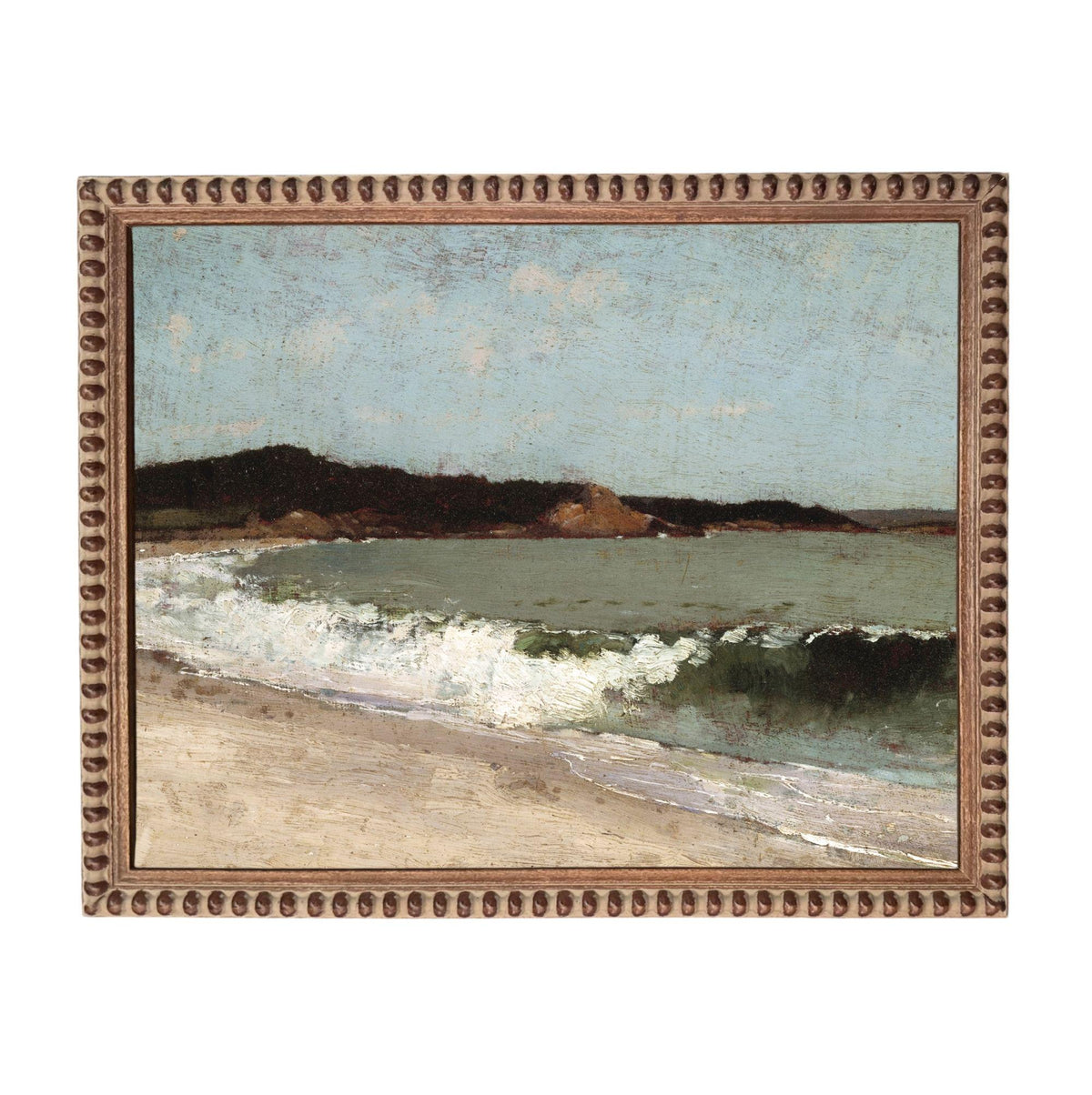The image is a painting of a beach scene with waves crashing onto the shore.