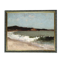 The image is a painting of a beach scene with waves crashing onto the shore.