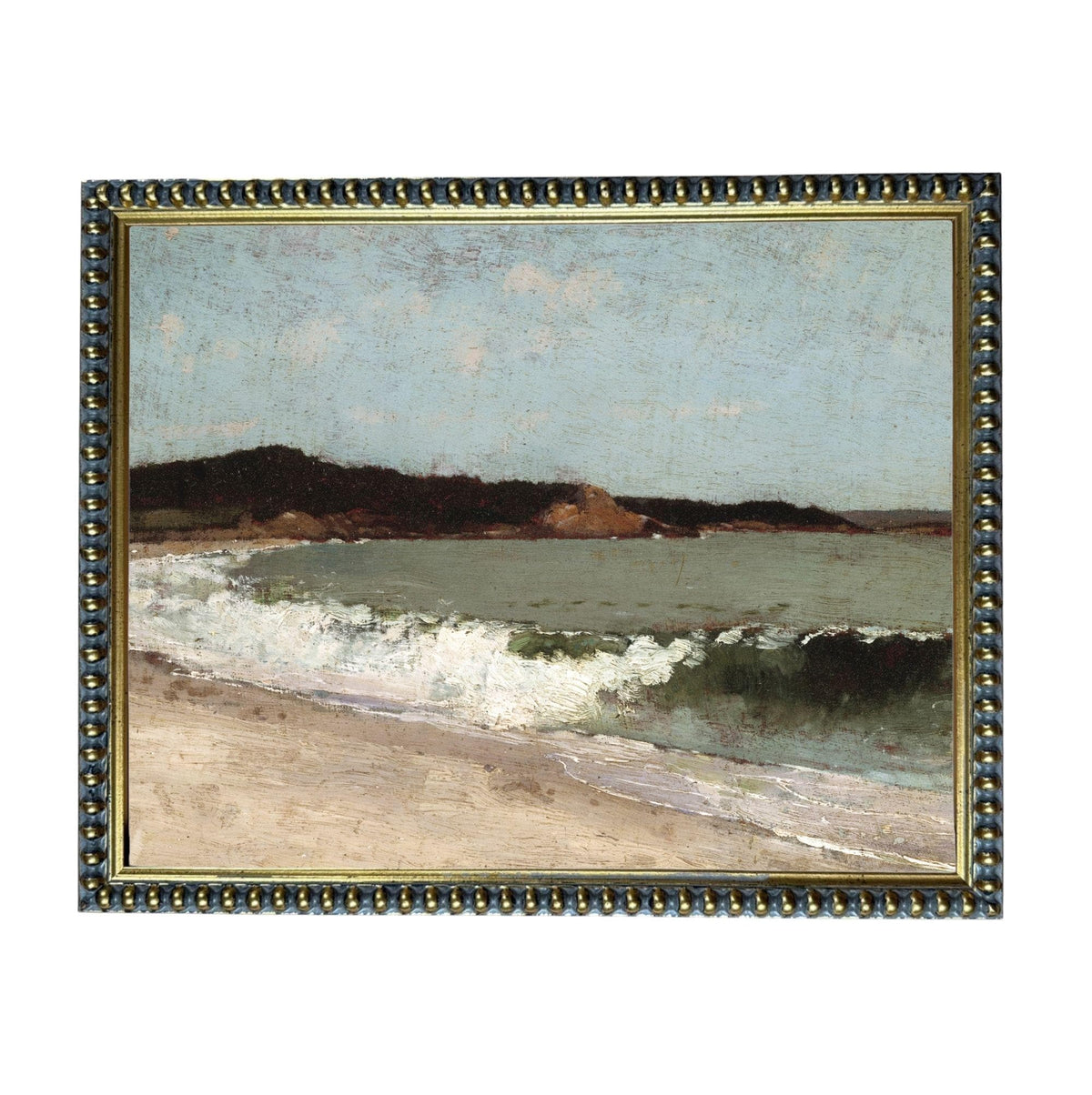 The image is a painting of a beach scene with waves crashing onto the shore.