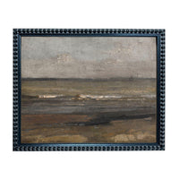 The image is a framed painting depicting a serene landscape of a body of water, possibly a lake or ocean, with a cloudy sky in the background.
